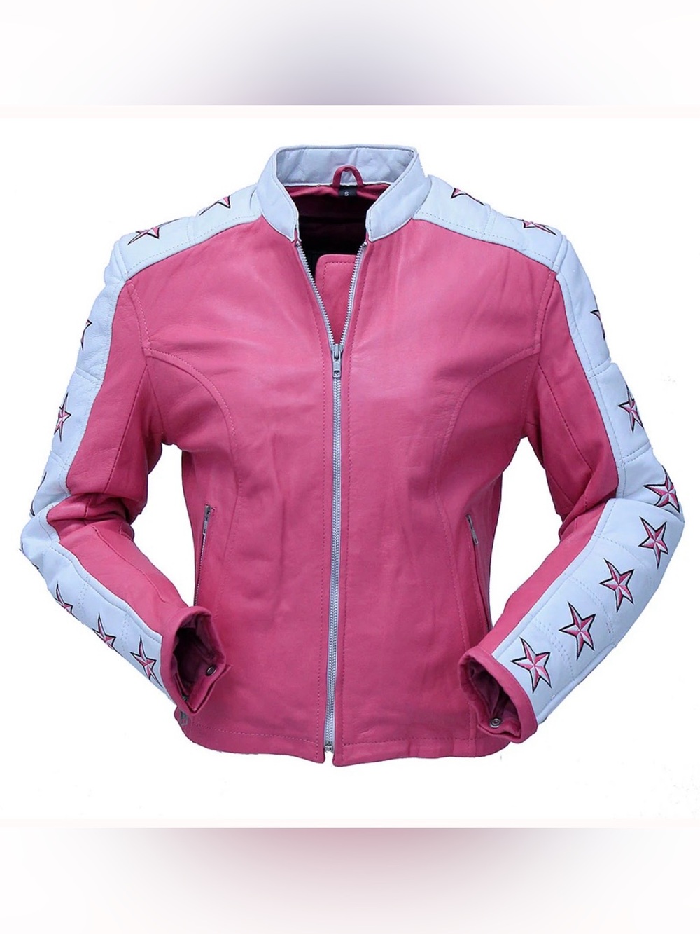 Unik Pink Leather Jacket with White Star-Trim Sleeves